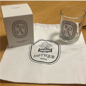 Empty Diptyque Roses 6.5 oz candle jar with bag and box